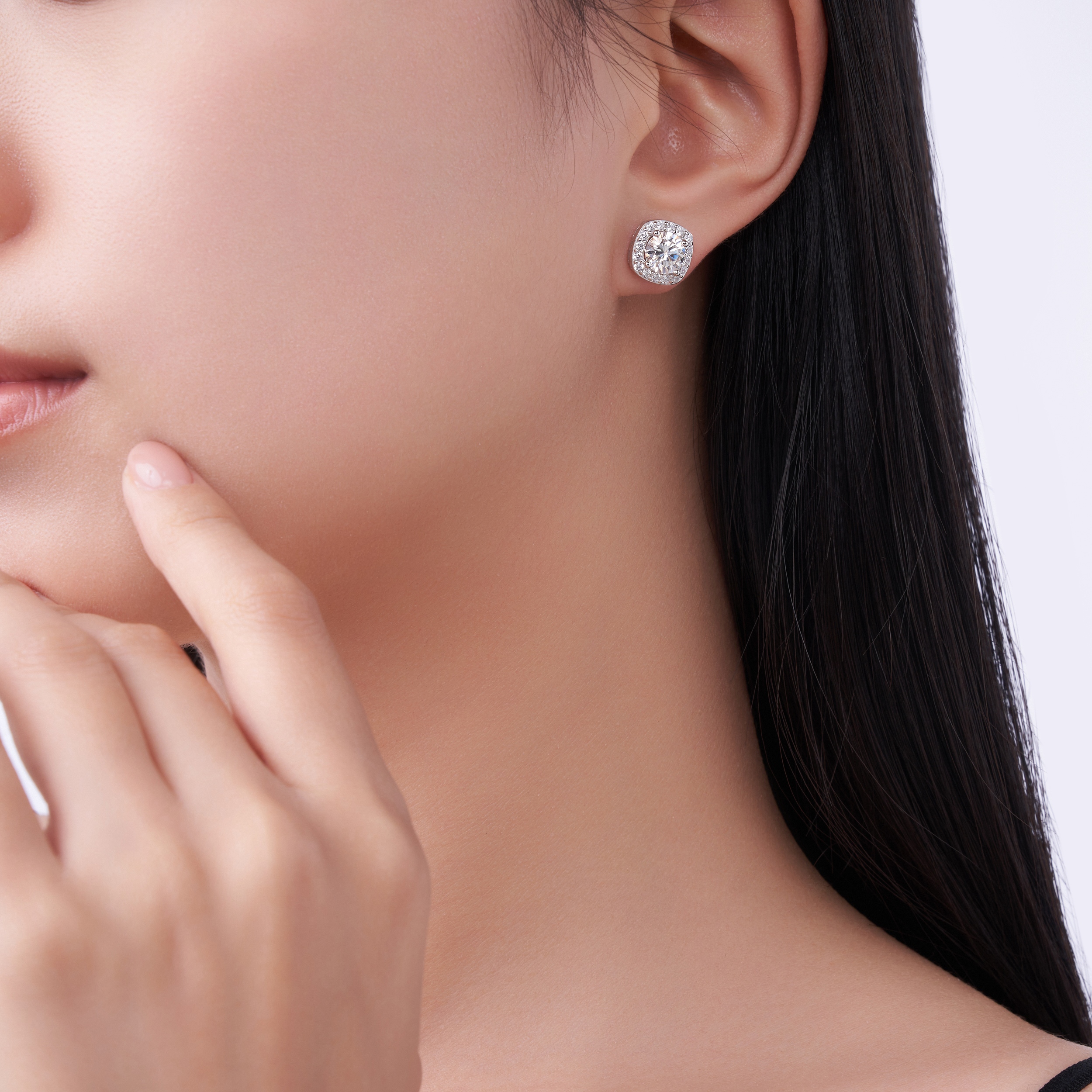 Sterling Silver 3ct D-VVS1 Moissanite Stud Earrings, Cushion Halo Platinum Plated Jewelry