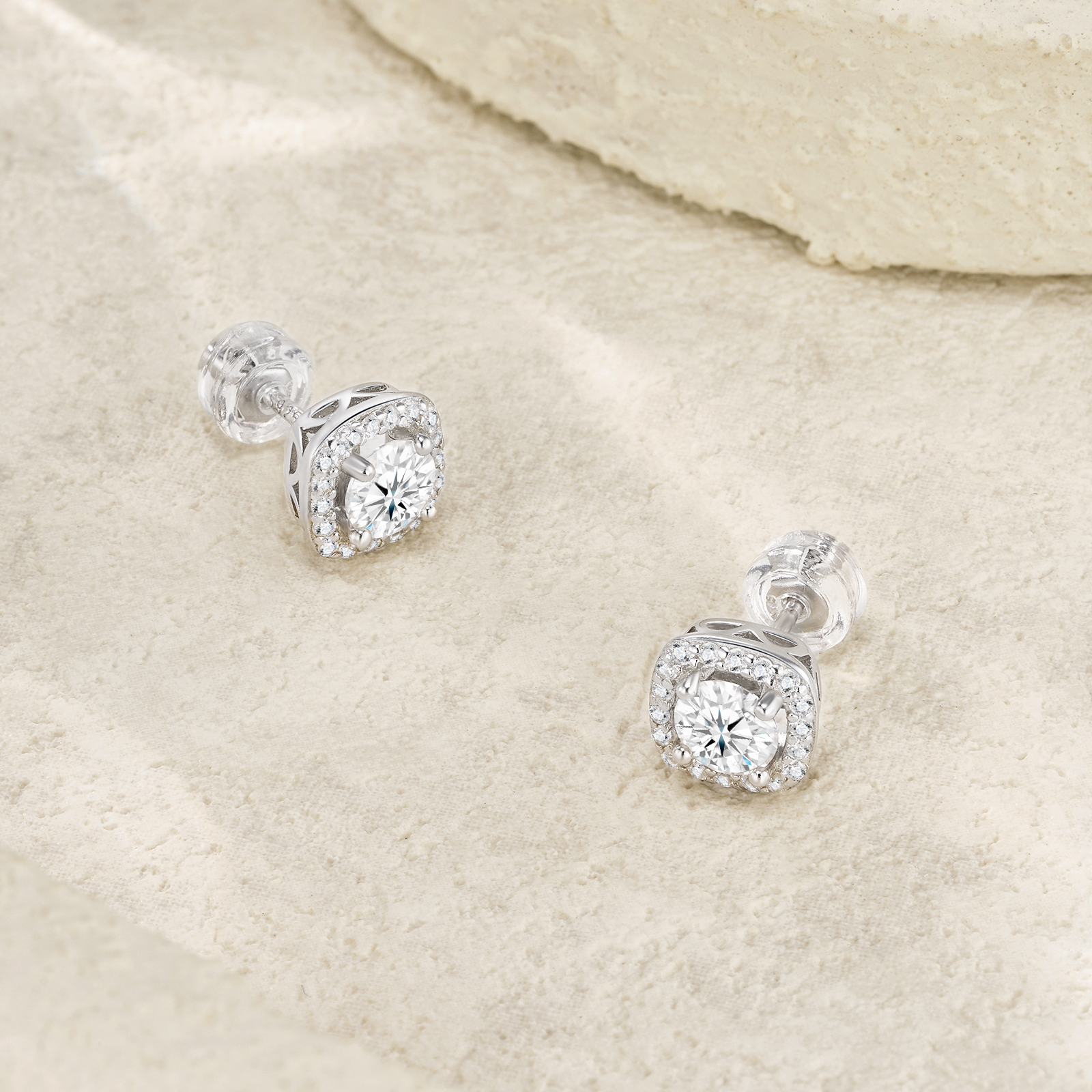 Sterling Silver 3ct D-VVS1 Moissanite Stud Earrings, Cushion Halo Platinum Plated Jewelry