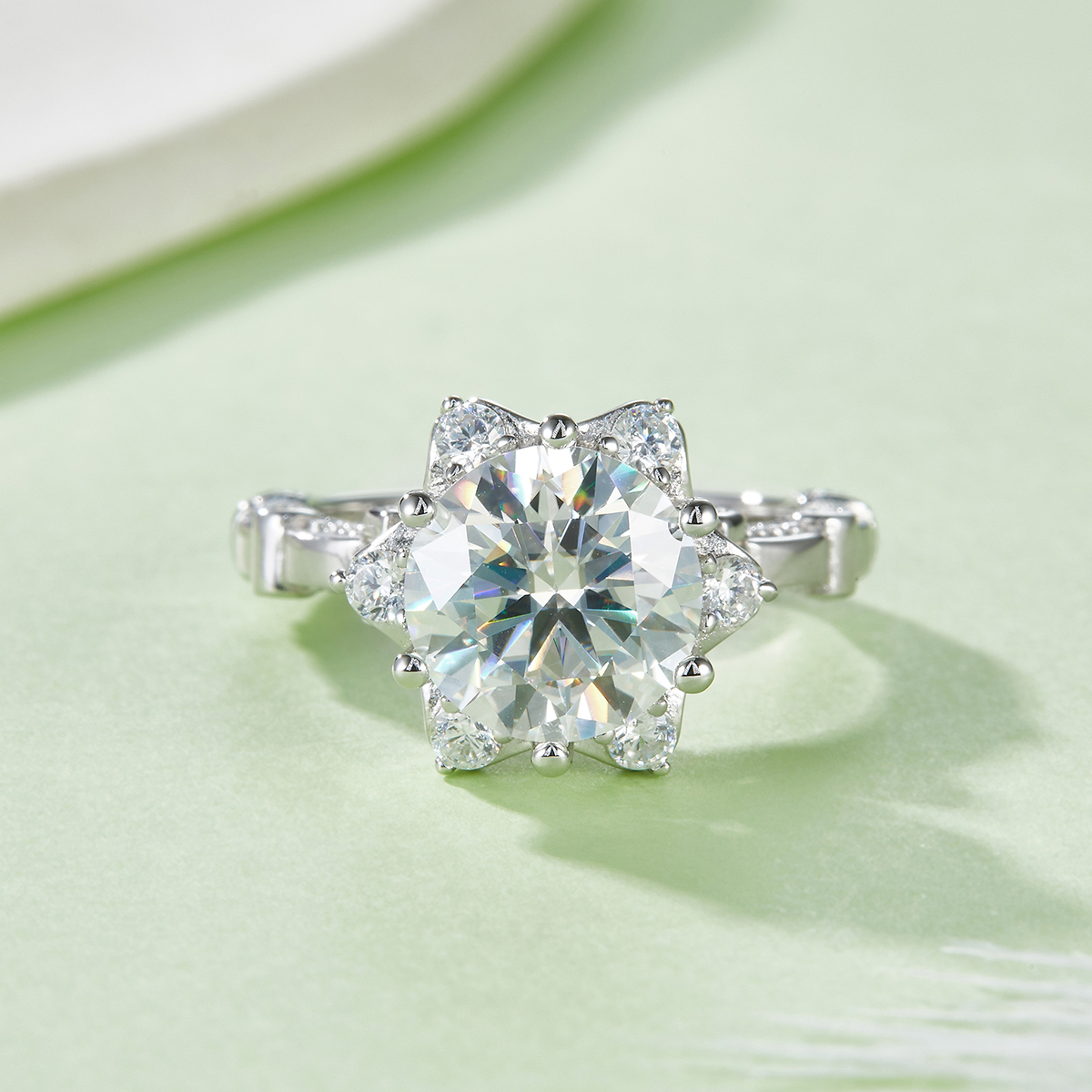 Sterling Silver 3ct Moissanite Ring, 9mm D-VVS1 Star Halo Split Shank, Platinum Plated US