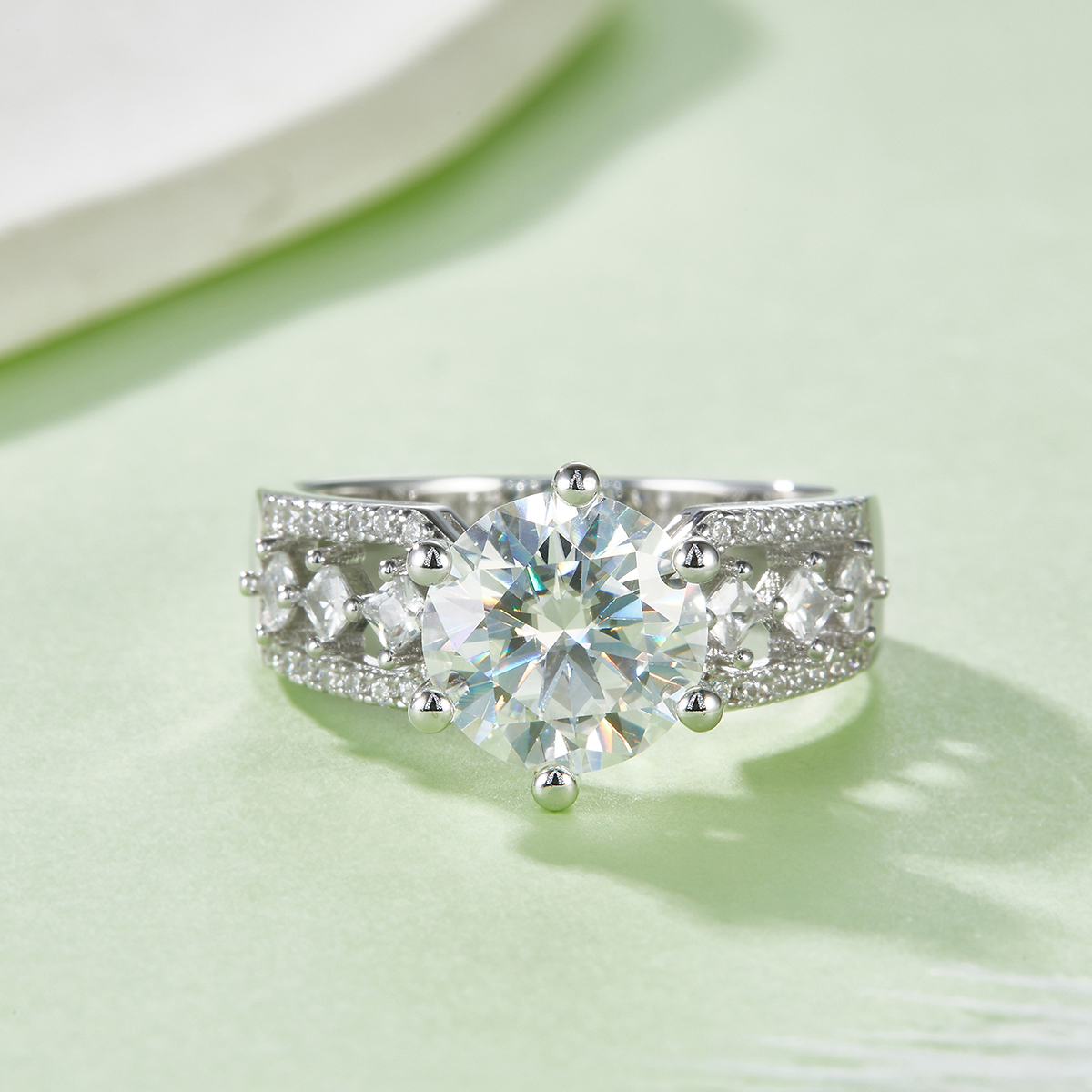 Sterling Silver 3ct Moissanite Ring, 9mm Round Cut 6-Prong, D-VVS1 Platinum Plated US