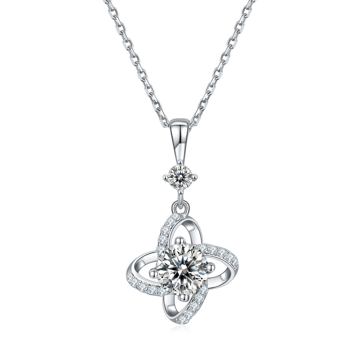 Sterling Silver 4-Leaf Clover Necklace, 6.5mm Moissanite & Lab-Grown Gemstone, Platinum