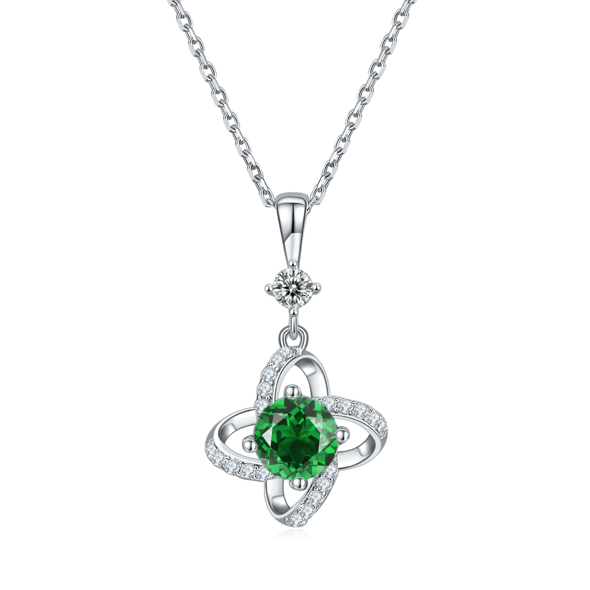 Sterling Silver 4-Leaf Clover Necklace, 6.5mm Moissanite & Lab-Grown Gemstone, Platinum