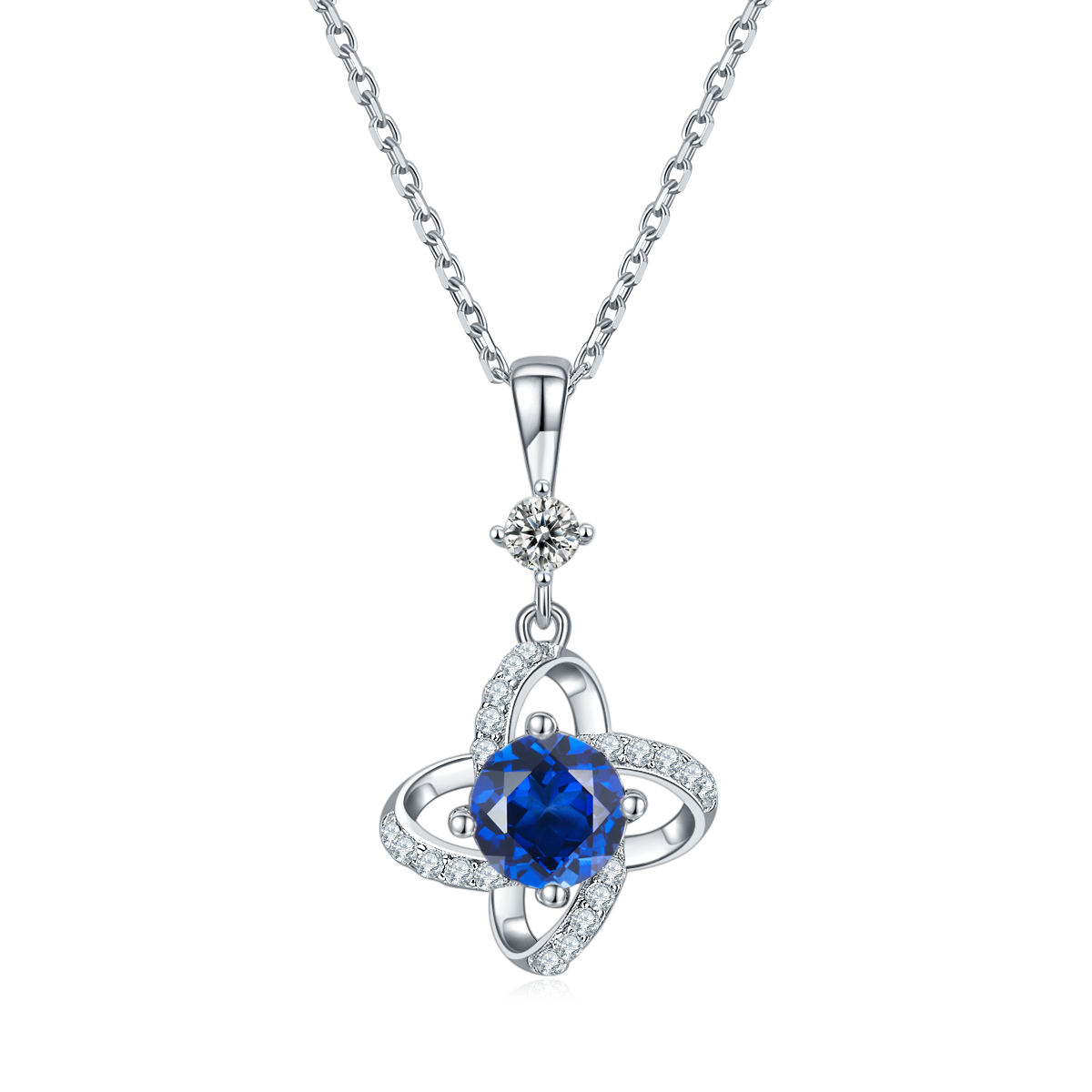 Sterling Silver 4-Leaf Clover Necklace, 6.5mm Moissanite & Lab-Grown Gemstone, Platinum