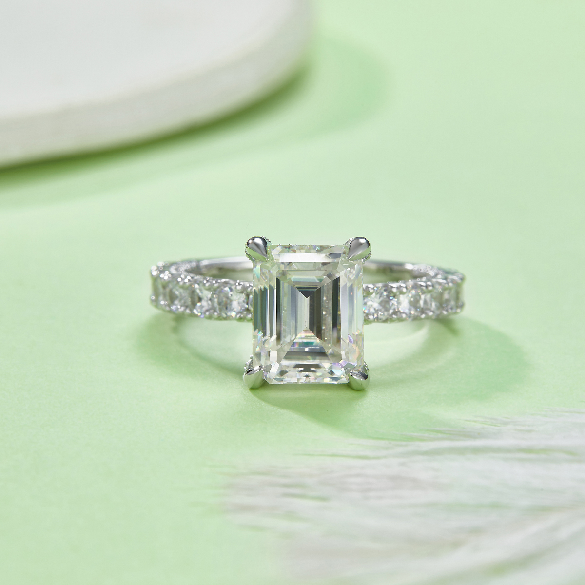 Sterling Silver 4ct Emerald Cut Moissanite Ring, D-VVS1 Pave Band, Platinum Plated US