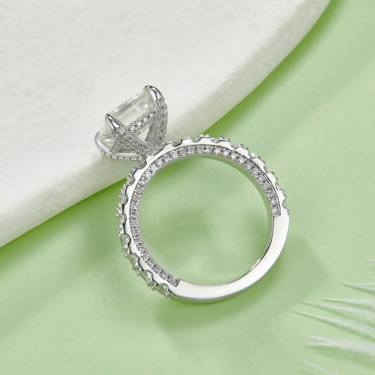 Sterling Silver 4ct Emerald Cut Moissanite Ring, D-VVS1 Pave Band, Platinum Plated US
