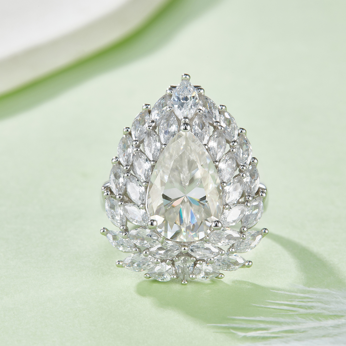 Sterling Silver 4ct Pear Moissanite Ring, D-VVS1 Double Halo Setting, Platinum Plated 8.9g