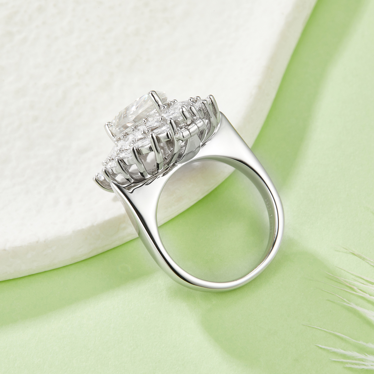 Sterling Silver 4ct Pear Moissanite Ring, D-VVS1 Double Halo Setting, Platinum Plated 8.9g