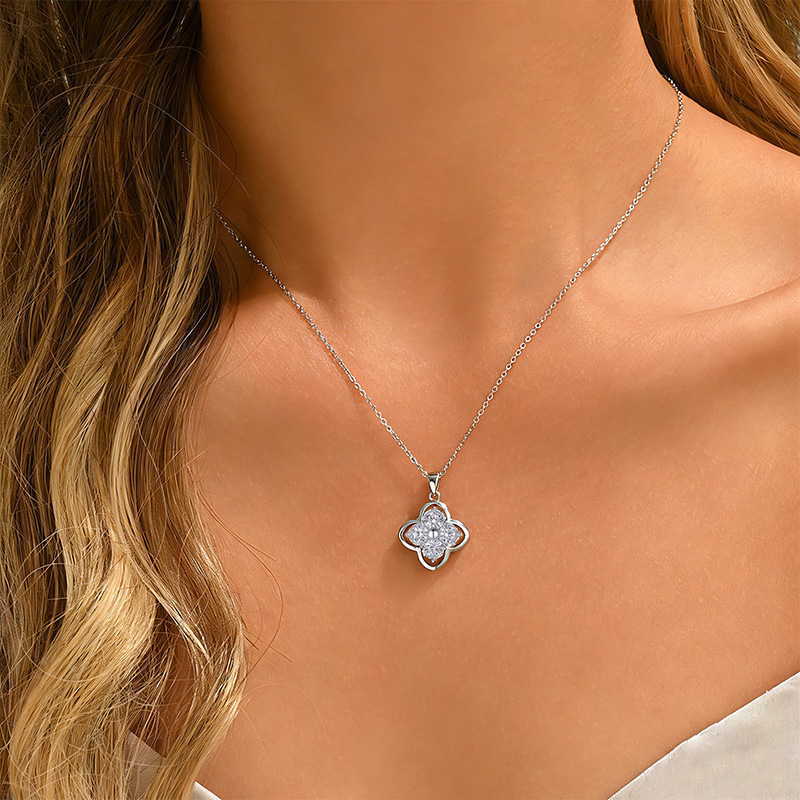 Sterling Silver 4pcs 5mm Round Moissanite Clover Necklace 45cm Platinum Gold Plated GRA