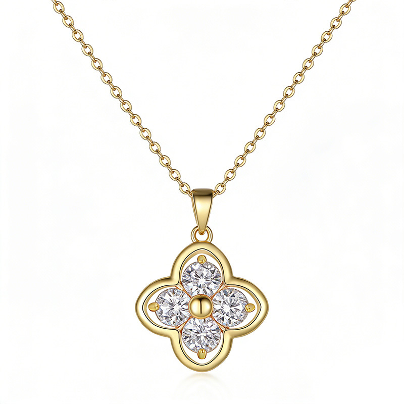 Sterling Silver 4pcs 5mm Round Moissanite Clover Necklace 45cm Platinum Gold Plated GRA