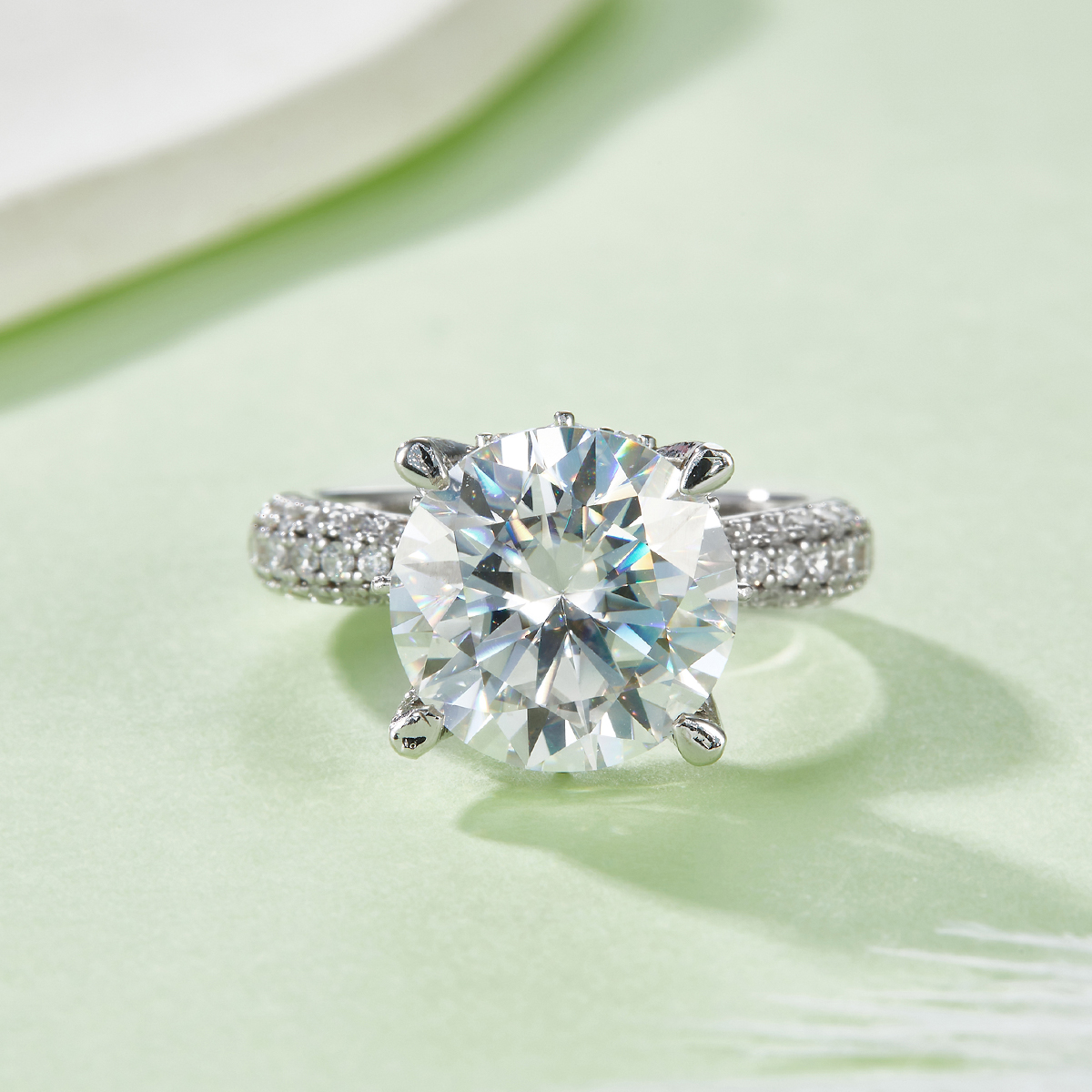 Sterling Silver 5ct Moissanite Engagement Ring, 11mm D-VVS1 Round Cut, 4-Prong Pave Band