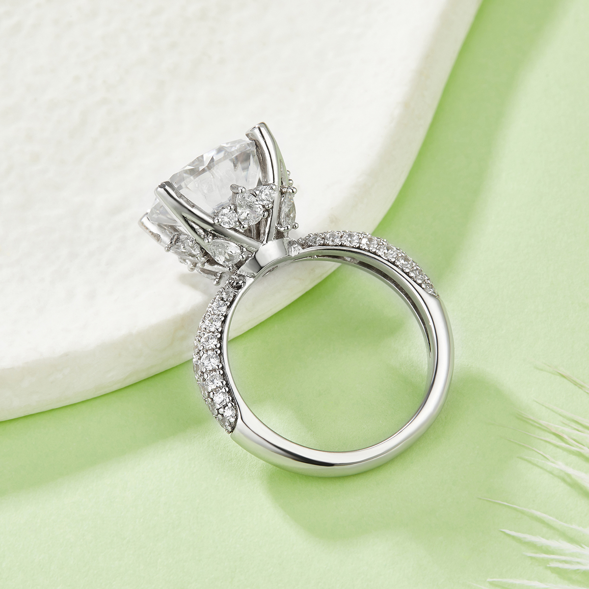 Sterling Silver 5ct Moissanite Engagement Ring, 11mm D-VVS1 Round Cut, 4-Prong Pave Band