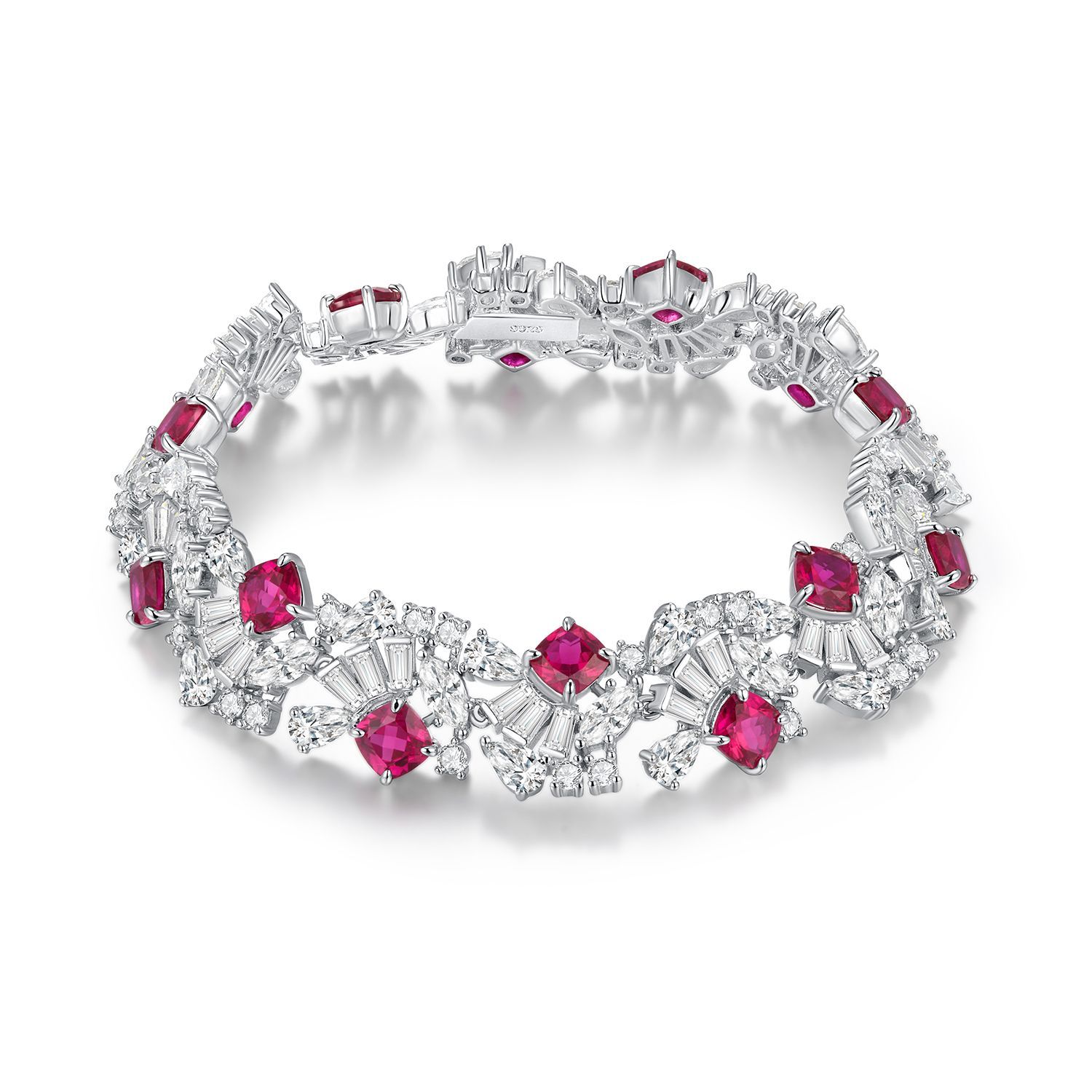 Sterling Silver 5mm Lab-Grown Emerald Ruby Sapphire Tennis Bracelet 16.5cm 14 Stones