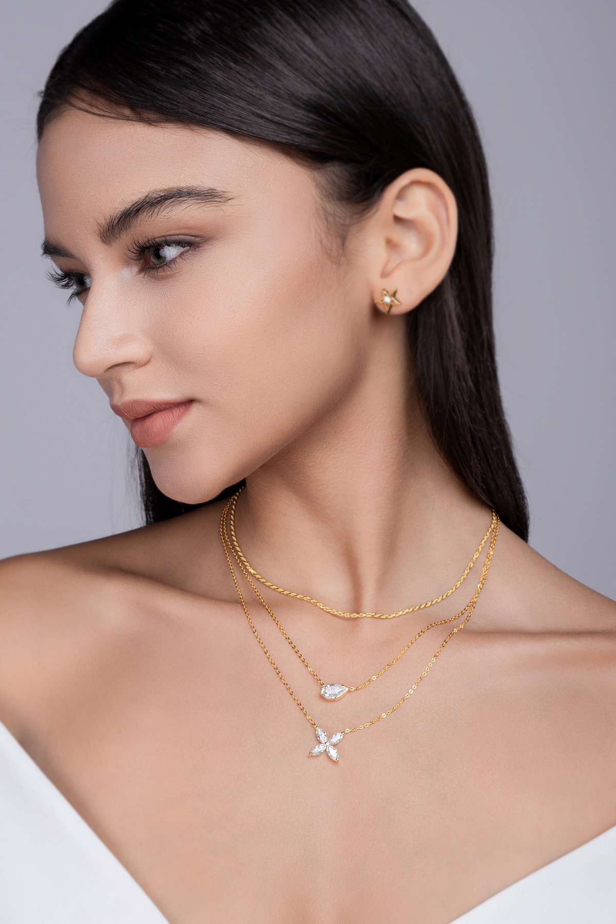 Sterling Silver 7x11mm Pear Moissanite 3-Layer Necklace 40cm 10.8g Gold Plated GRA