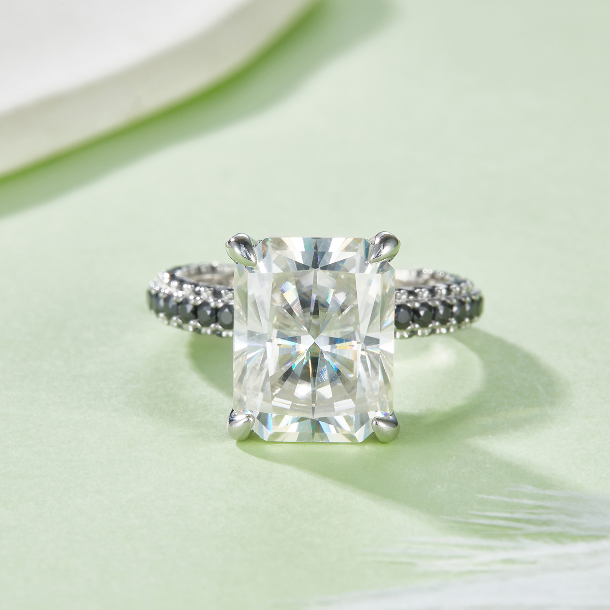 Sterling Silver 8ct Moissanite Ring, 10x12mm D-VVS1 Contrast Black Pave Band, Platinum