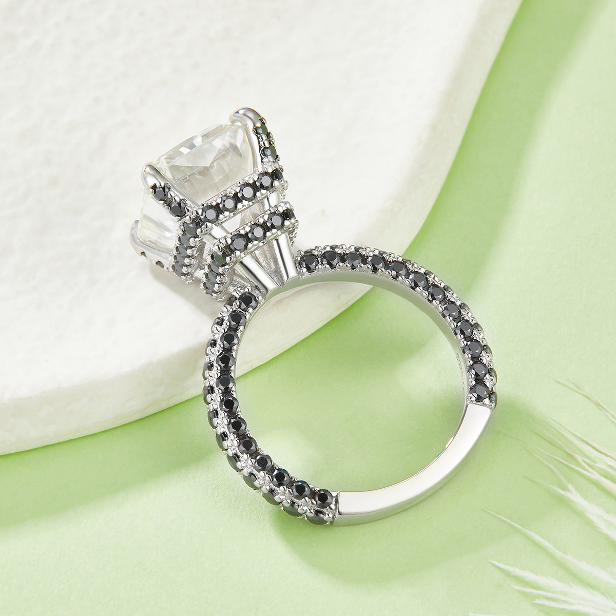 Sterling Silver 8ct Moissanite Ring, 10x12mm D-VVS1 Contrast Black Pave Band, Platinum
