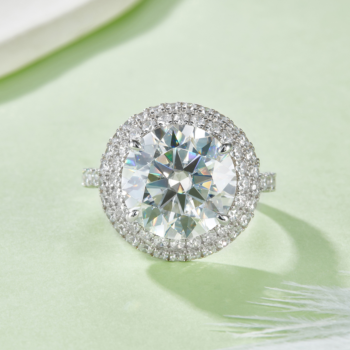 Sterling Silver 8ct Moissanite Ring, 13mm D-VVS1 Double Halo Pave Band, Platinum Plated US