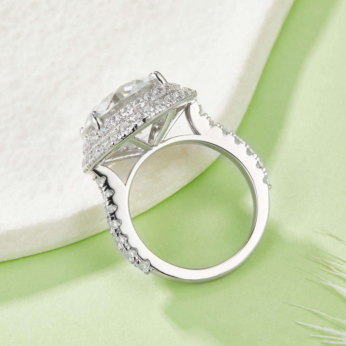 Sterling Silver 8ct Moissanite Ring, 13mm D-VVS1 Double Halo Pave Band, Platinum Plated US