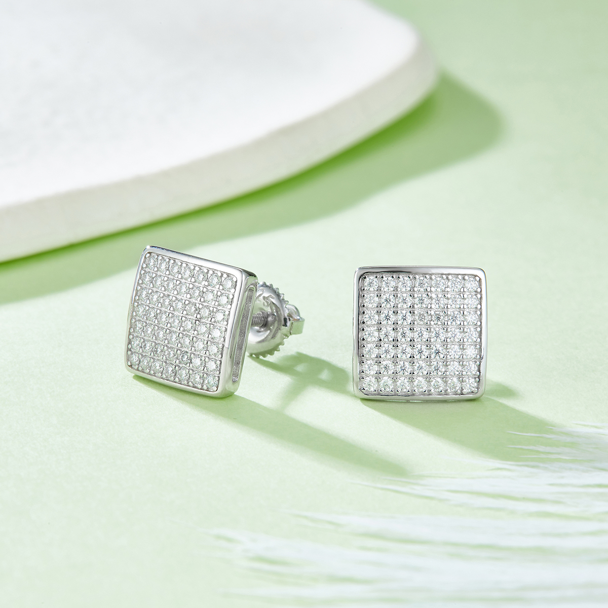 Sterling Silver 98pcs D Color VVS1 Moissanite Square Earrings 2.4g Screw Back Platinum