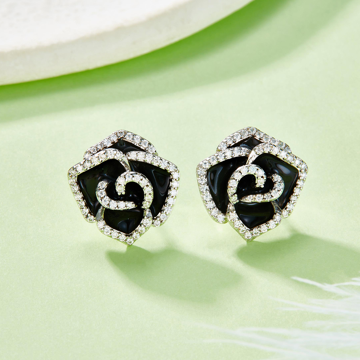 Sterling Silver Black Enamel Rose Stud Earrings, D-VVS1 Moissanite Pave Outline, Platinum