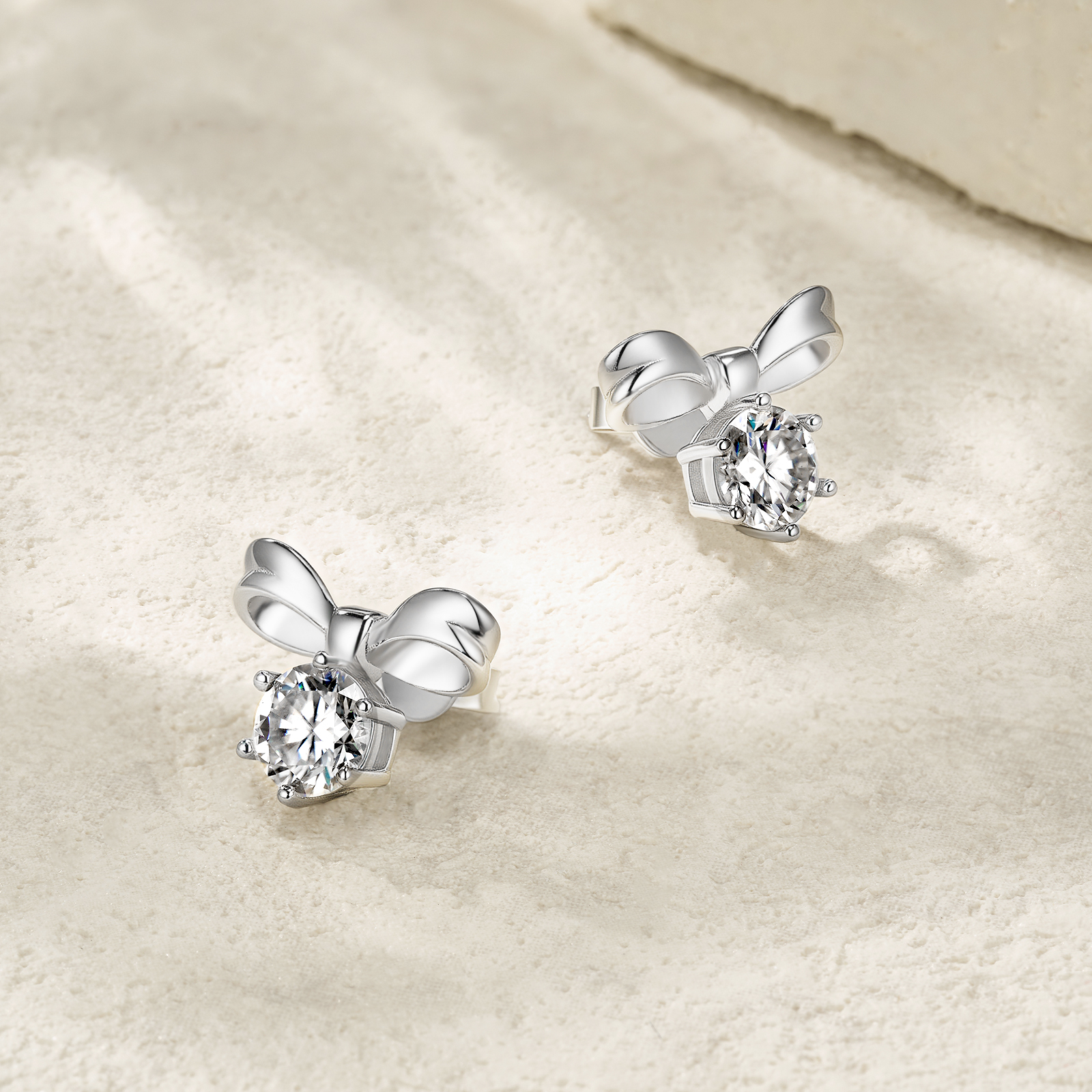Sterling Silver Bow Stud Earrings, 1ct D-VVS1 Moissanite, Platinum Plated 3.1g Women's