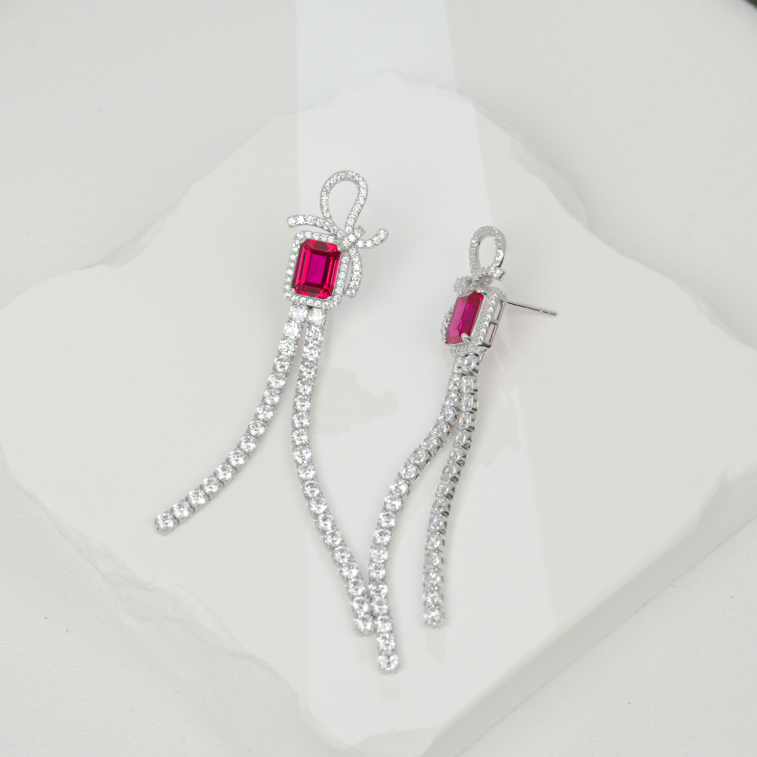Sterling Silver Bow Tassel Dangle Earrings, 8x6mm Lab-Grown Ruby & Emerald, Platinum