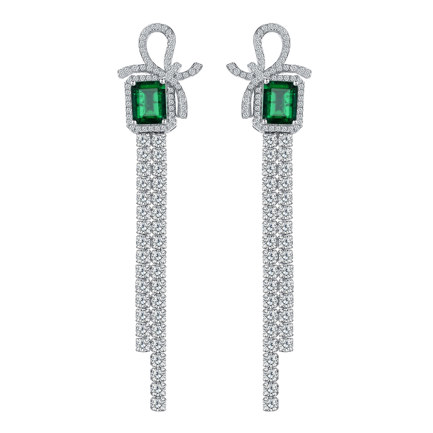 Sterling Silver Bow Tassel Dangle Earrings, 8x6mm Lab-Grown Ruby & Emerald, Platinum