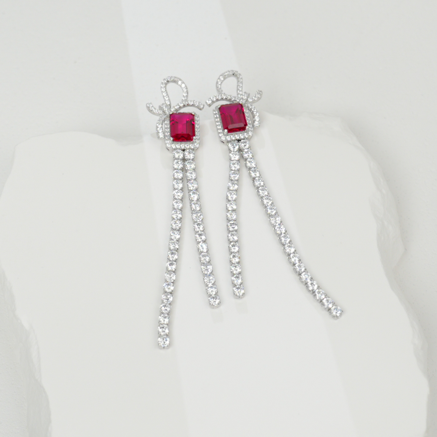 Sterling Silver Bow Tassel Dangle Earrings, 8x6mm Lab-Grown Ruby & Emerald, Platinum