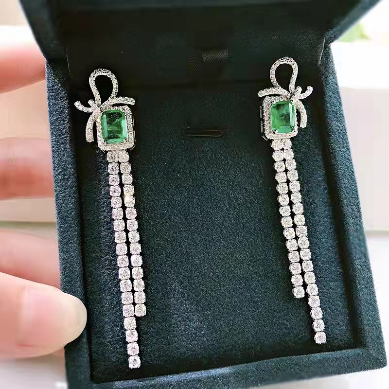 Sterling Silver Bow Tassel Dangle Earrings, 8x6mm Lab-Grown Ruby & Emerald, Platinum