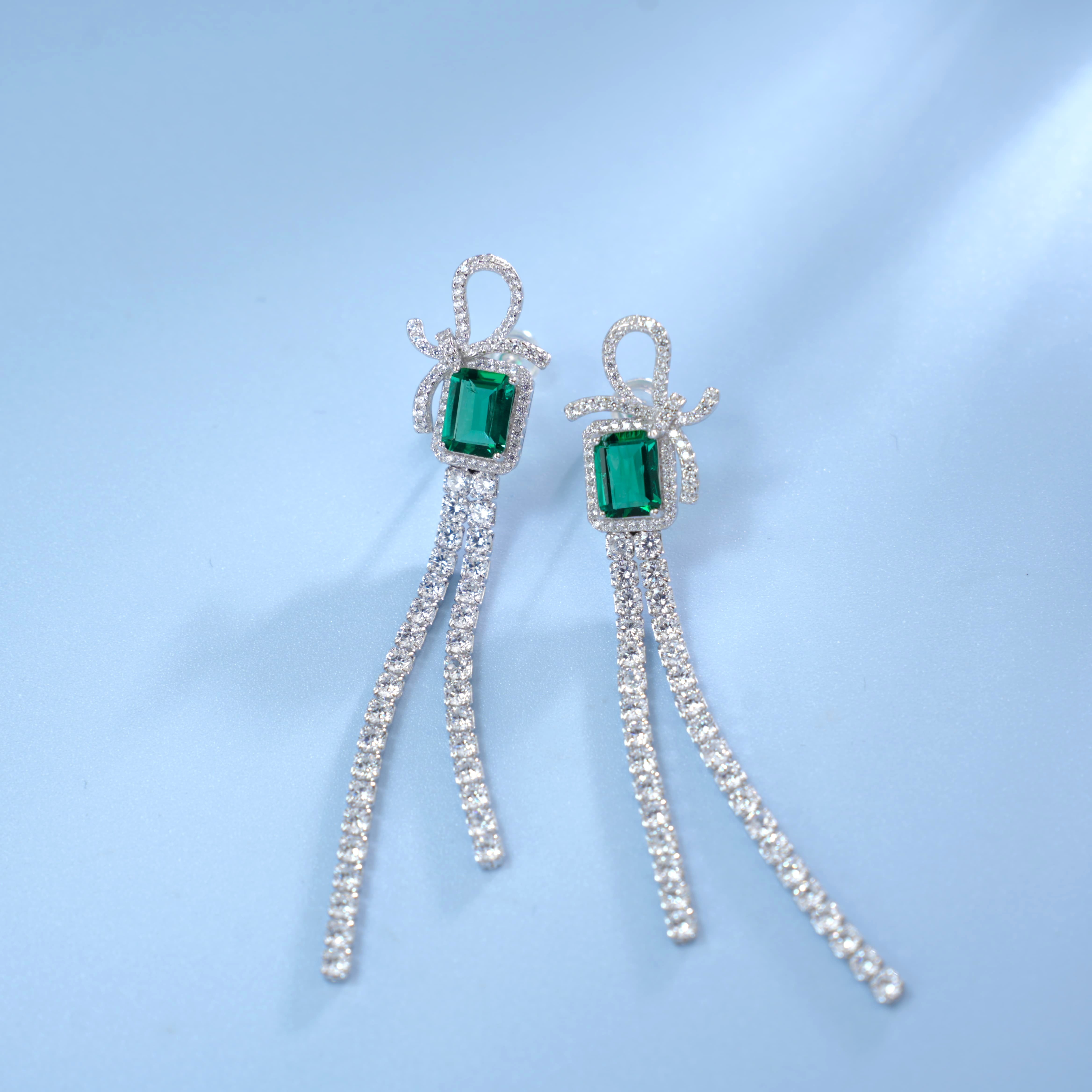 Sterling Silver Bow Tassel Dangle Earrings, 8x6mm Lab-Grown Ruby & Emerald, Platinum