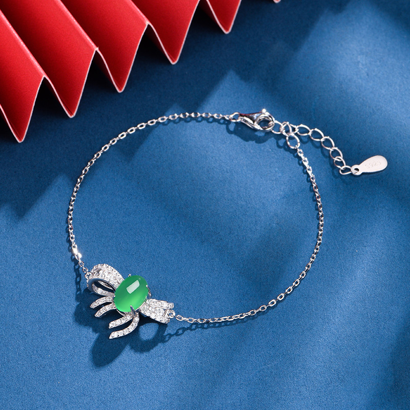 Sterling Silver Bowknot Bracelet, 8x6mm Cabochon Green Chrysoprase, Platinum Plated 2.5g