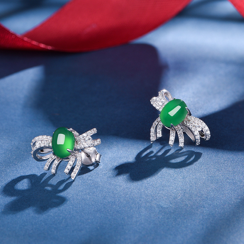 Sterling Silver Bowknot Earrings, 8x6mm Oval Cabochon Green Chrysoprase, Platinum Plated