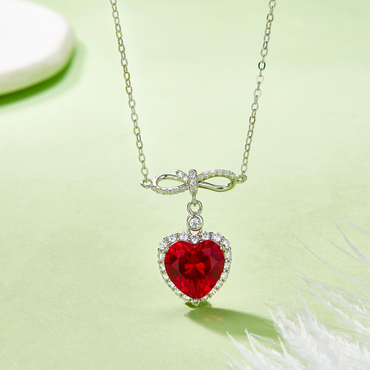 Sterling Silver Bowknot Heart Necklace, 5ct 11mm Lab-Grown Ruby, Platinum Plated 45cm