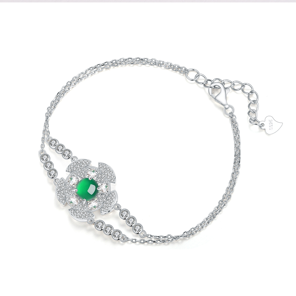 Sterling Silver Bracelet Platinum Plated 6mm Round Green Chrysoprase Double Chain Fashion