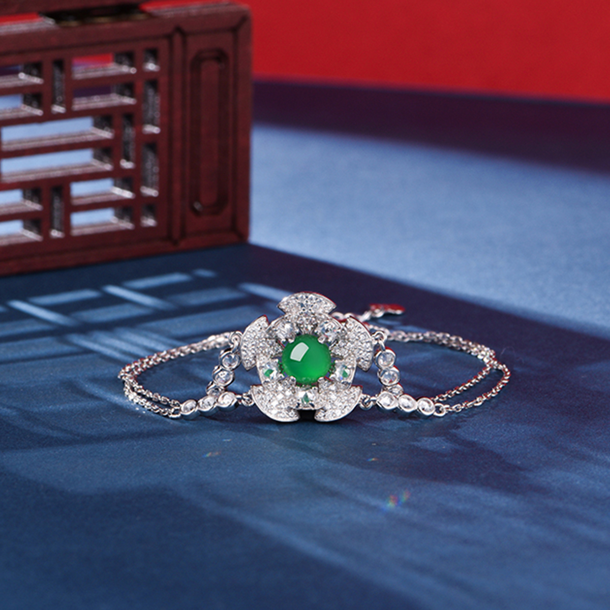 Sterling Silver Bracelet Platinum Plated 6mm Round Green Chrysoprase Double Chain Fashion