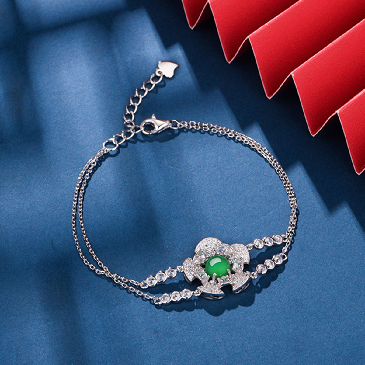 Sterling Silver Bracelet Platinum Plated 6mm Round Green Chrysoprase Double Chain Fashion