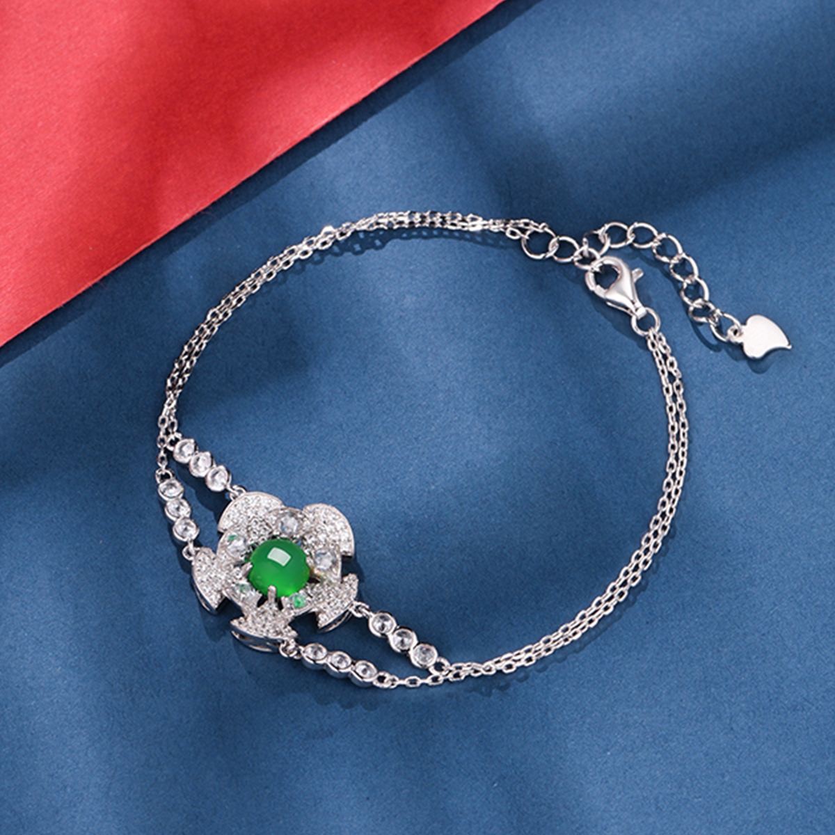 Sterling Silver Bracelet Platinum Plated 6mm Round Green Chrysoprase Double Chain Fashion