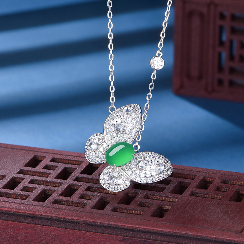 Sterling Silver Butterfly Necklace, 8x6mm Oval Green Chrysoprase Pendant, Platinum Plated