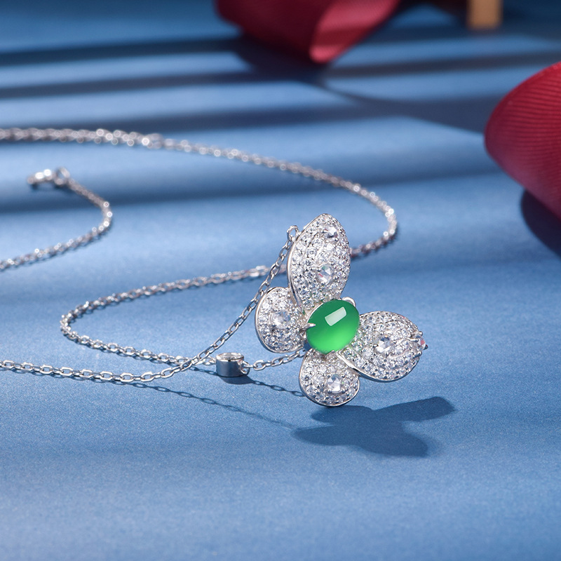 Sterling Silver Butterfly Necklace, 8x6mm Oval Green Chrysoprase Pendant, Platinum Plated