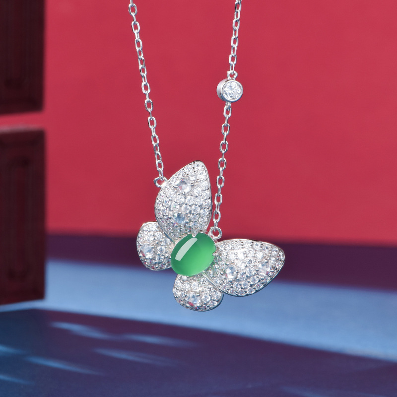 Sterling Silver Butterfly Necklace, 8x6mm Oval Green Chrysoprase Pendant, Platinum Plated