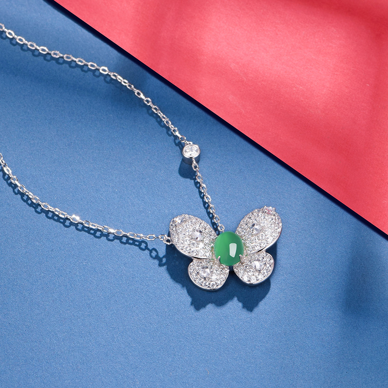 Sterling Silver Butterfly Necklace, 8x6mm Oval Green Chrysoprase Pendant, Platinum Plated