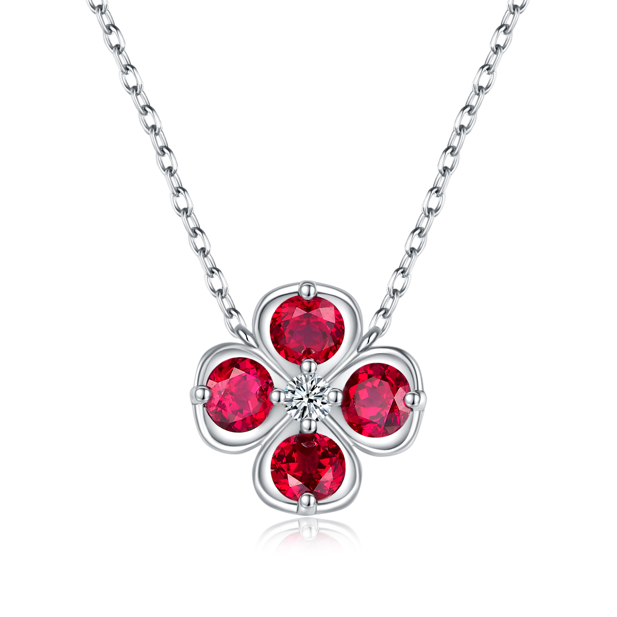 Sterling Silver Clover Necklace, 2.6ct Lab-Grown Ruby Sapphire Emerald Padparadscha