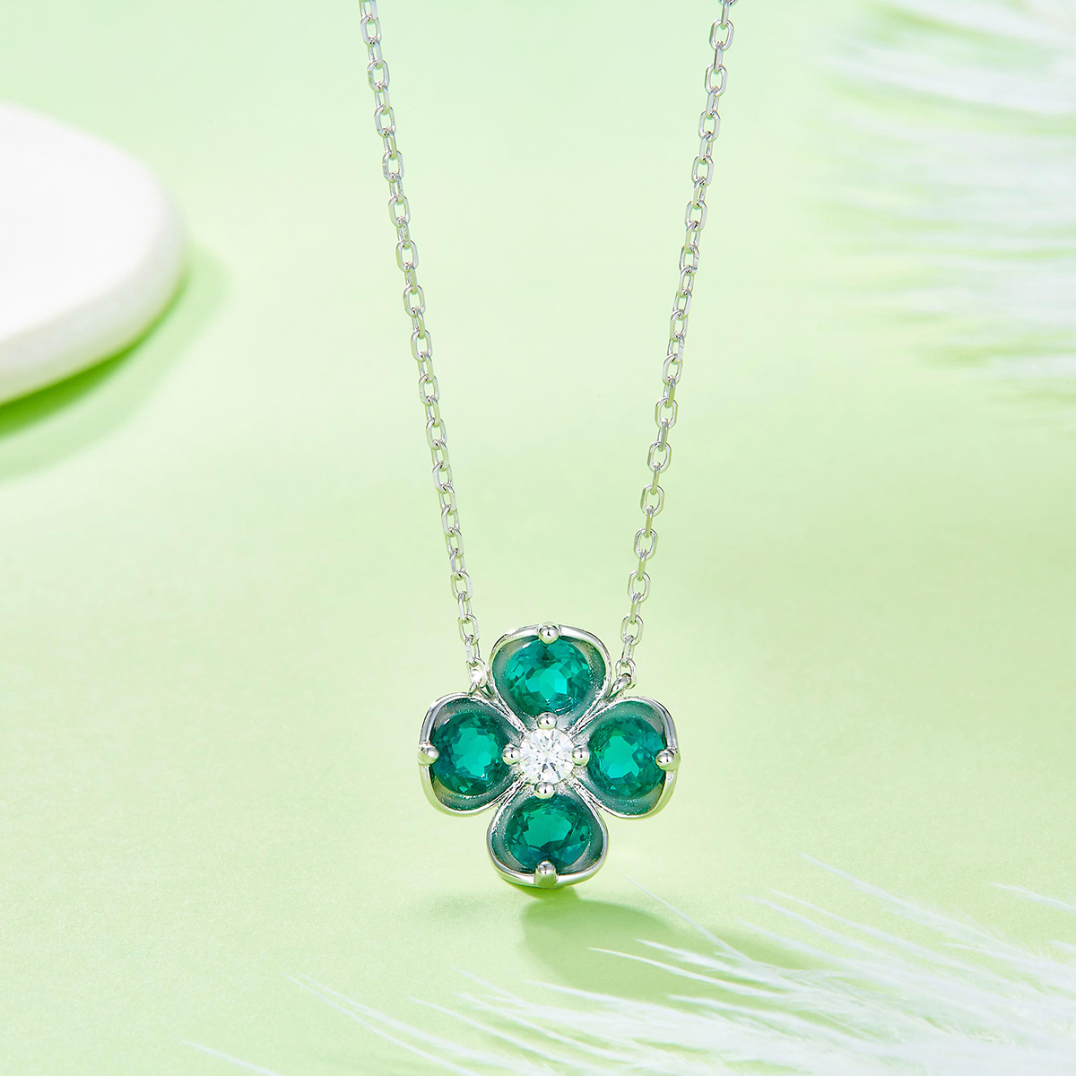 Sterling Silver Clover Necklace, 2.6ct Lab-Grown Ruby Sapphire Emerald Padparadscha
