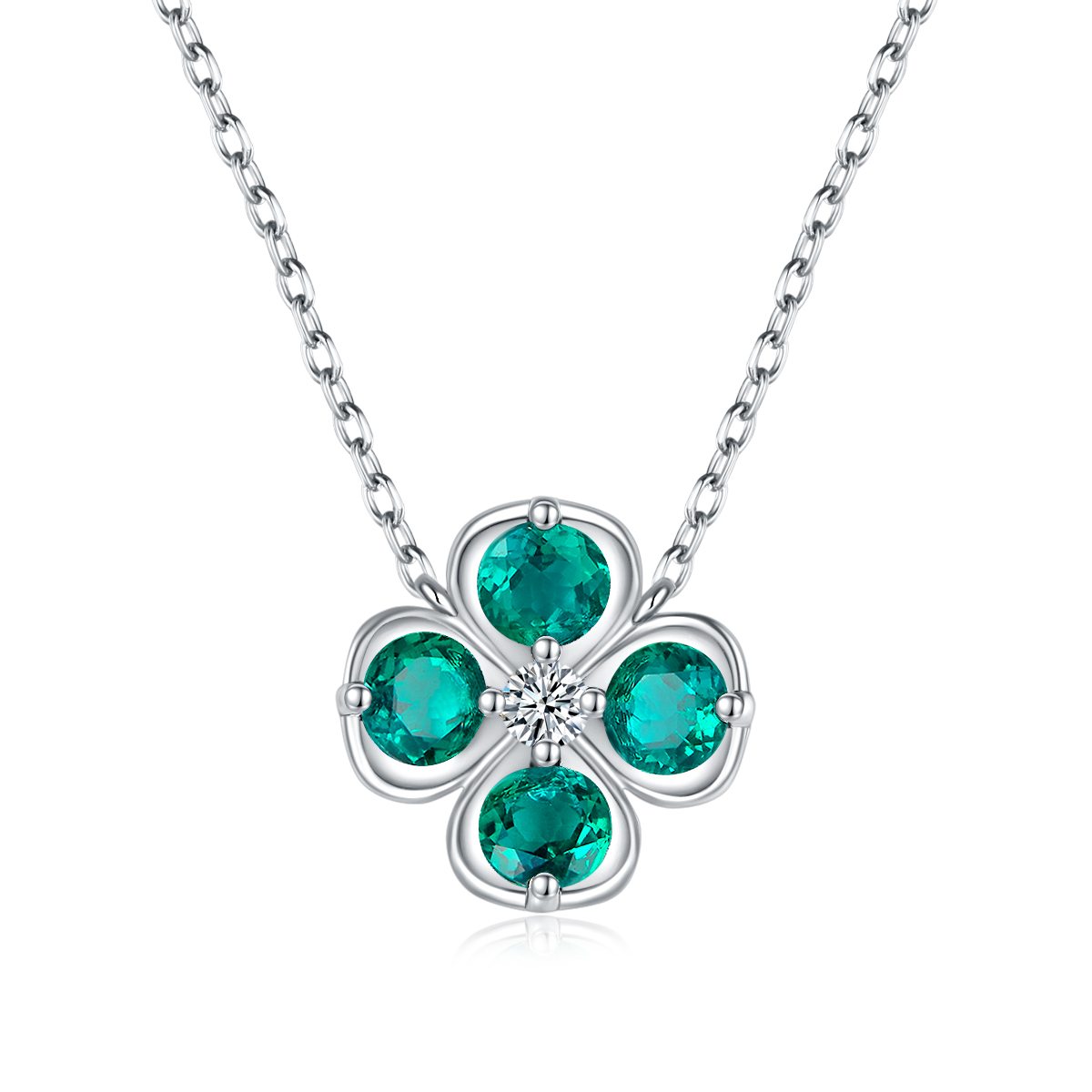 Sterling Silver Clover Necklace, 2.6ct Lab-Grown Ruby Sapphire Emerald Padparadscha