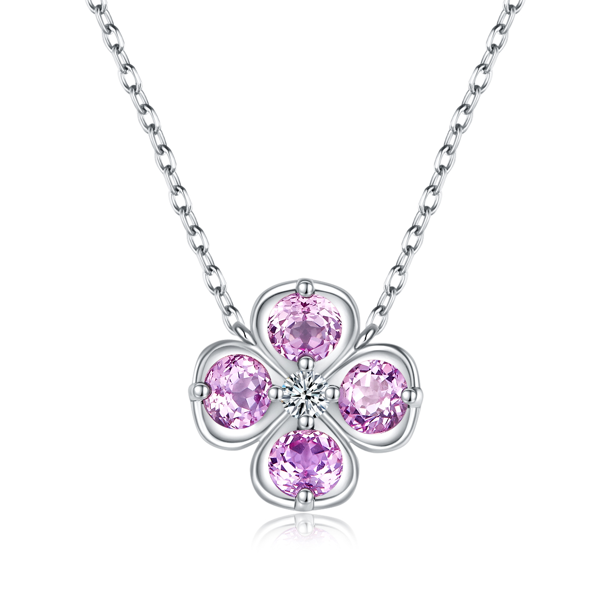 Sterling Silver Clover Necklace, 2.6ct Lab-Grown Ruby Sapphire Emerald Padparadscha