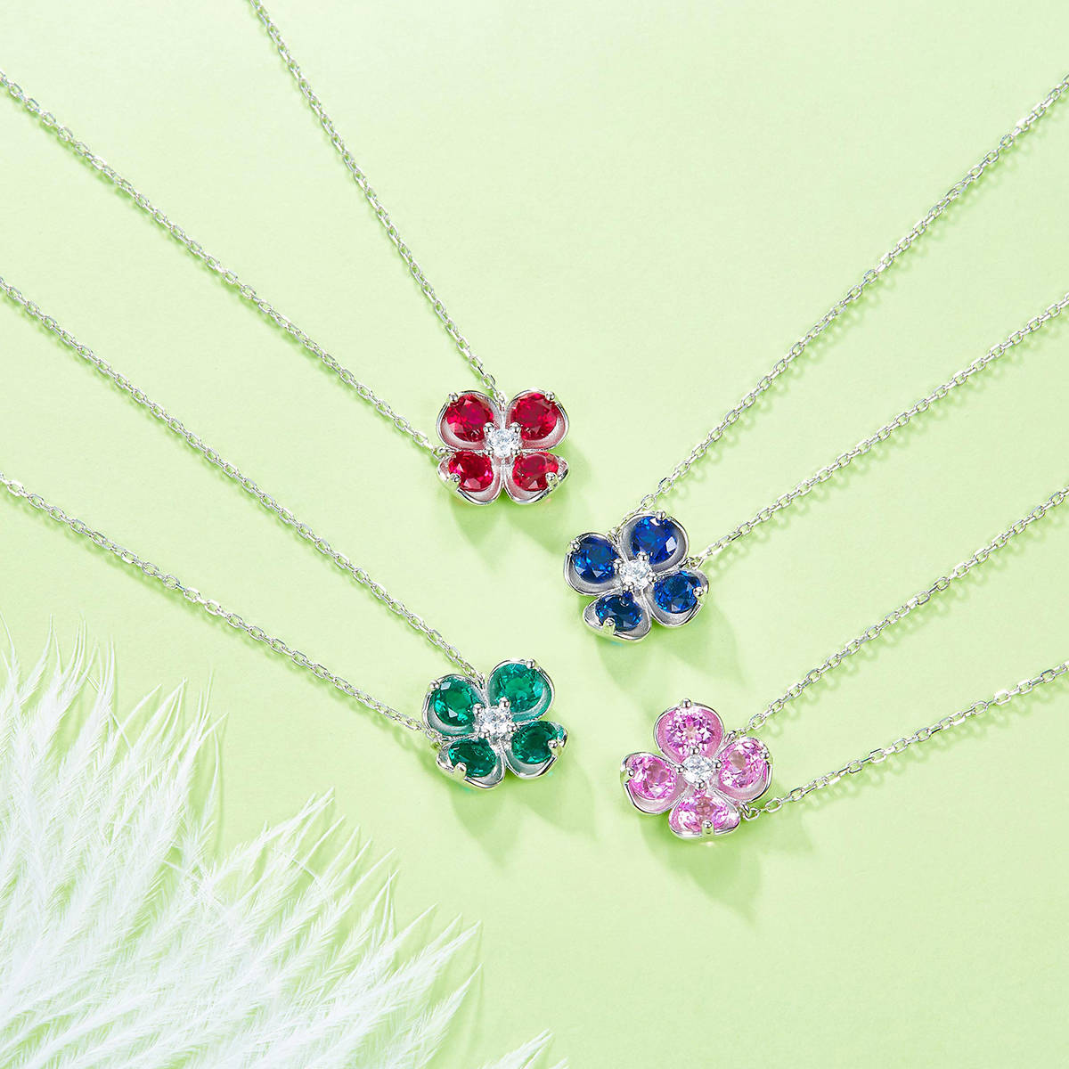 Sterling Silver Clover Necklace, 2.6ct Lab-Grown Ruby Sapphire Emerald Padparadscha