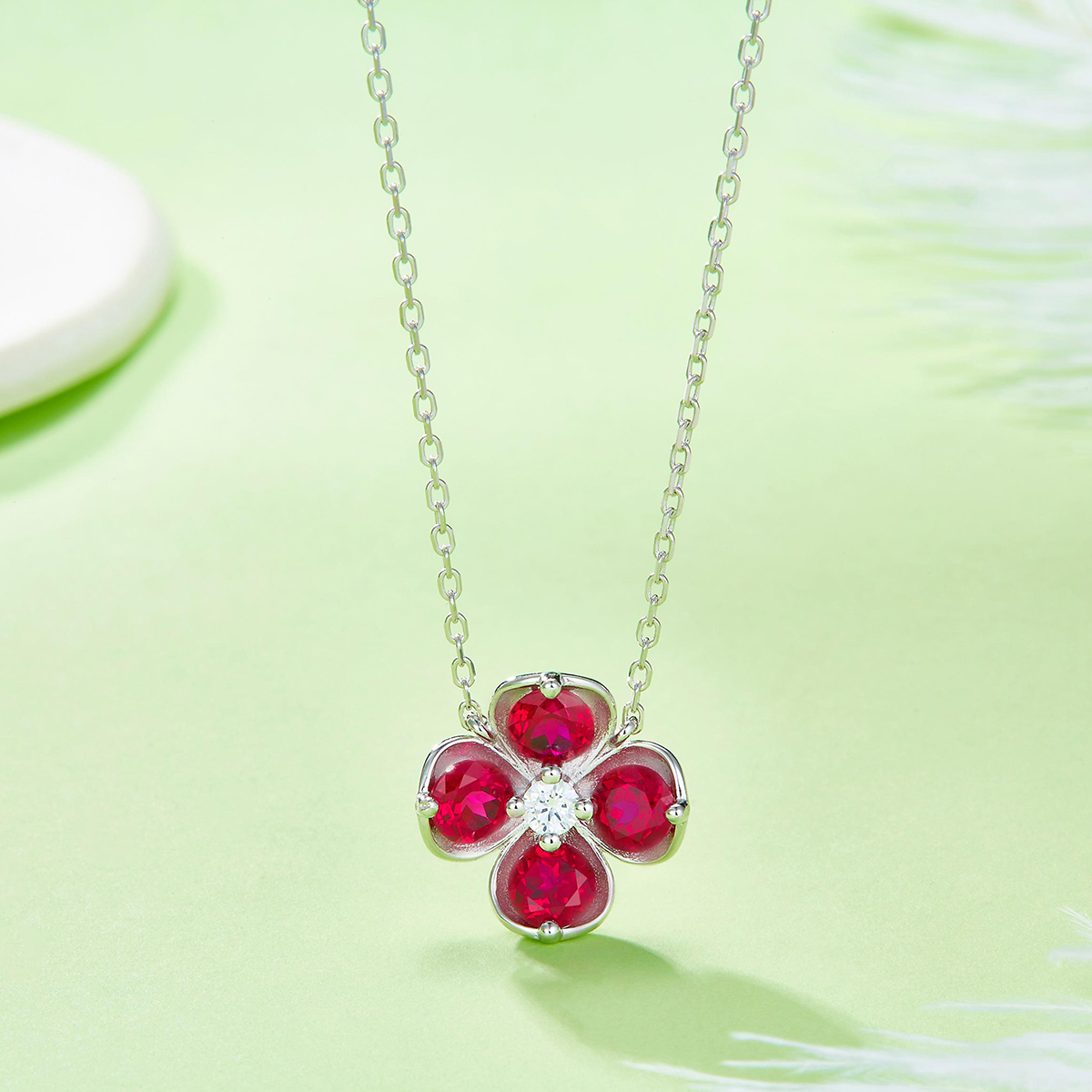 Sterling Silver Clover Necklace, 2.6ct Lab-Grown Ruby Sapphire Emerald Padparadscha