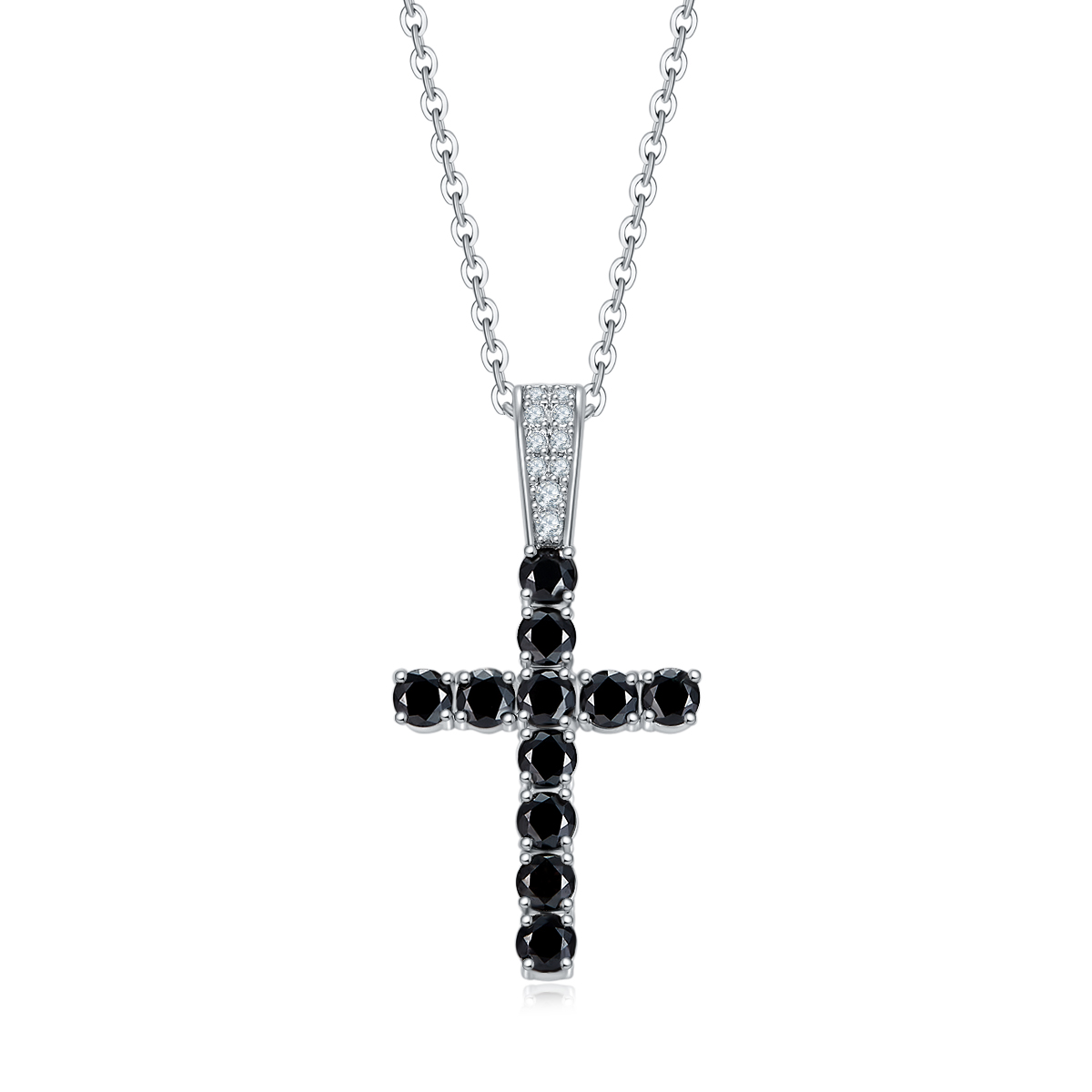 Sterling Silver Cross Pendant Necklace, 3mm Lab-Grown Ruby & Black Moissanite, Platinum
