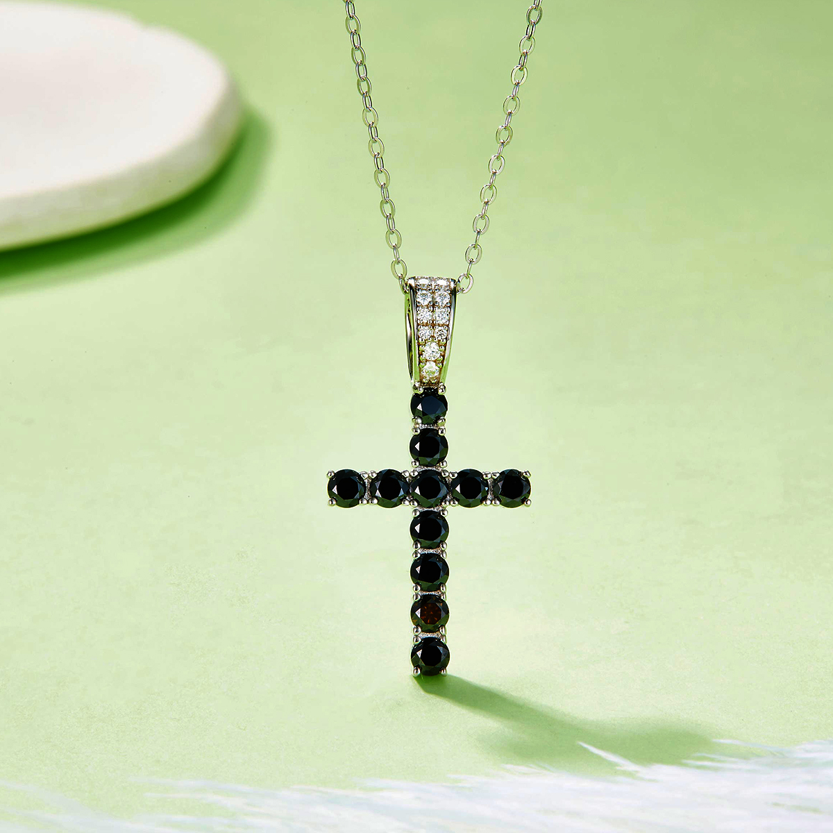 Sterling Silver Cross Pendant Necklace, 3mm Lab-Grown Ruby & Black Moissanite, Platinum