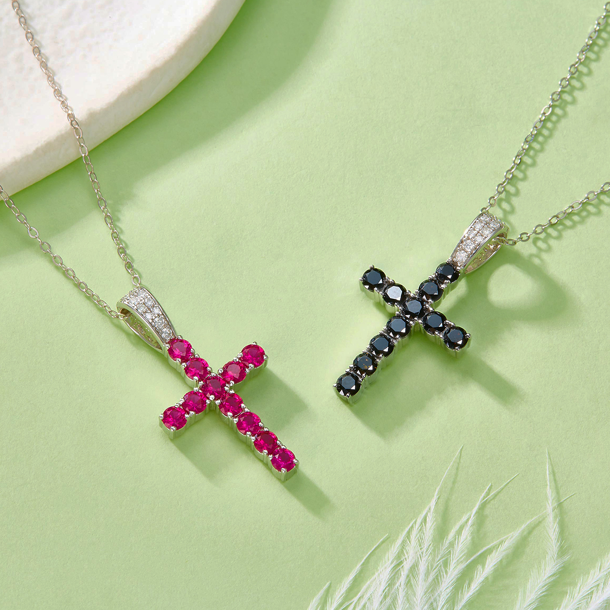 Sterling Silver Cross Pendant Necklace, 3mm Lab-Grown Ruby & Black Moissanite, Platinum
