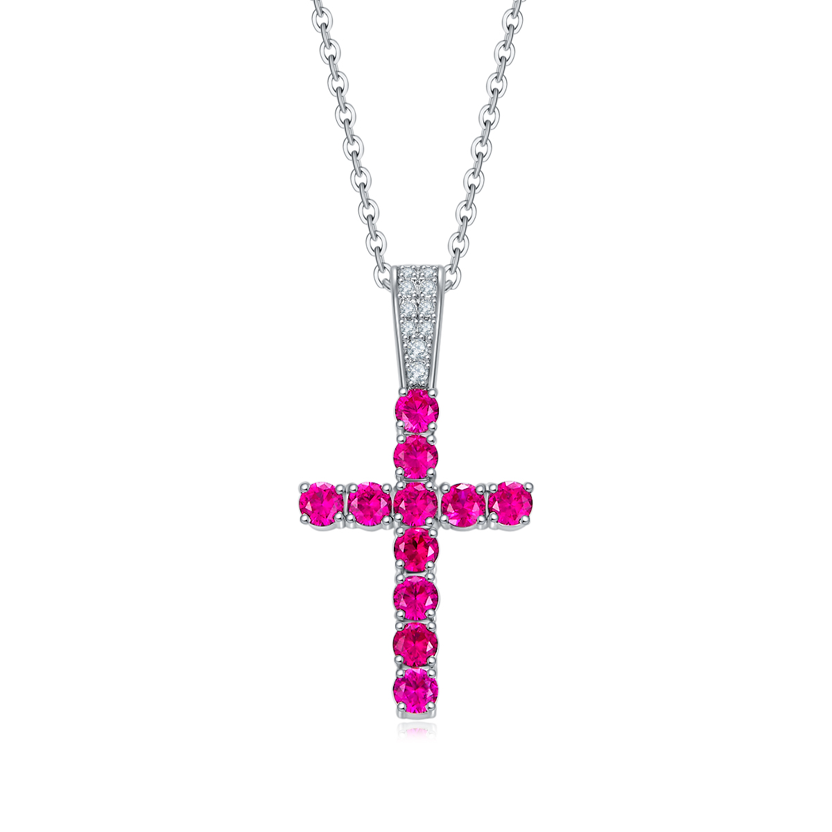 Sterling Silver Cross Pendant Necklace, 3mm Lab-Grown Ruby & Black Moissanite, Platinum